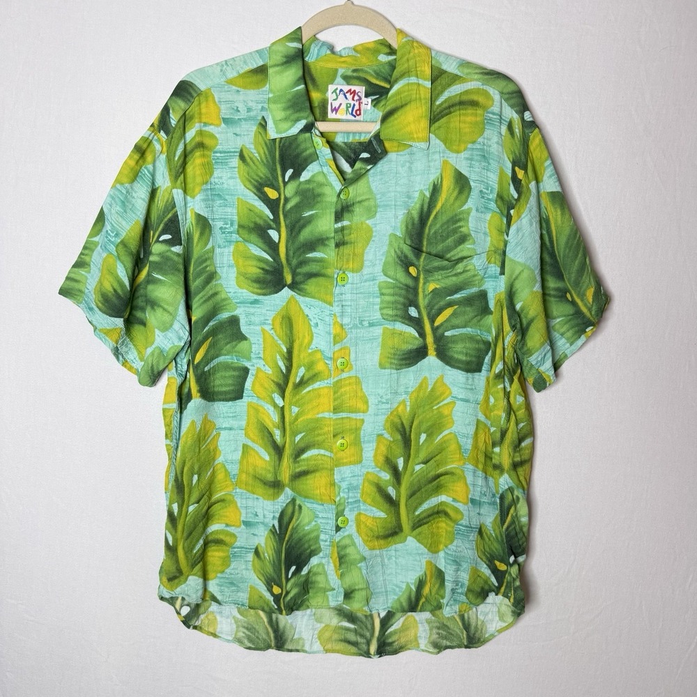 Vtg Jams World Hawaiian Shirt Mens L Green Retro USA Pocket RARE Monstera READ